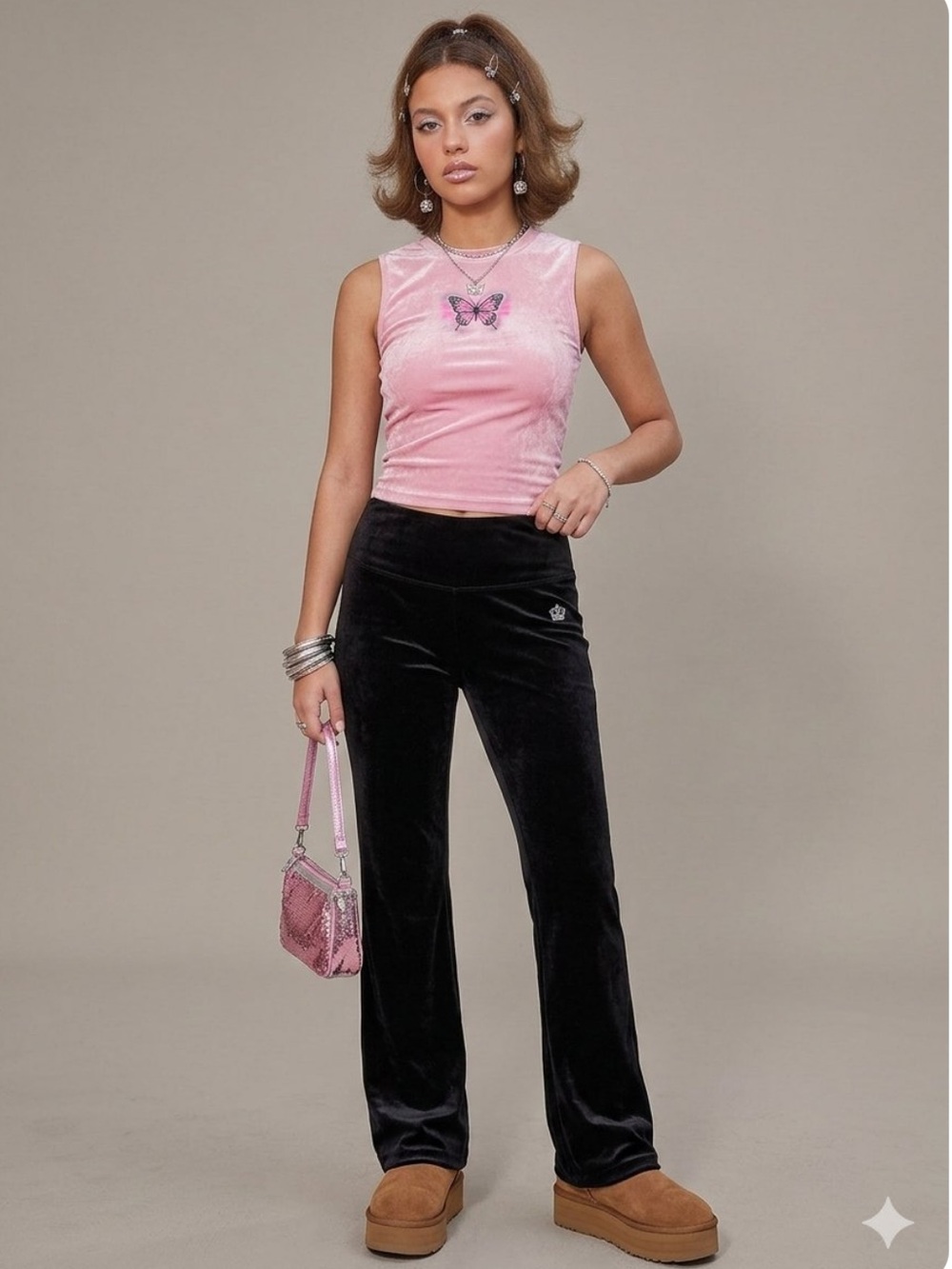 Juicy Couture dark green velour pull on flare bell bottoms Y2K style pants SM